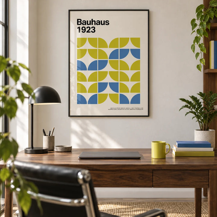 Bauhaus Geometric Art, framed on the wall of a modern home office