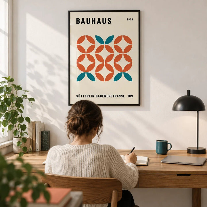 Modern Geometric Wall Art, framed on the wall of a crisp home office with white walls