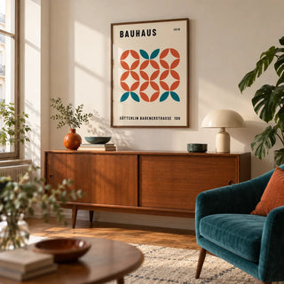 Modern Geometric Wall Art, framed on the wall of a mid-century city-flat living room with a warm white wall
