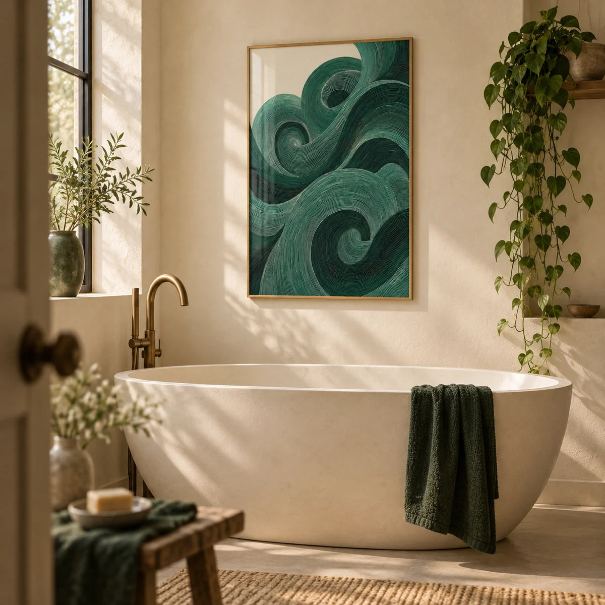 Modern Green Wall Art, framed on the wall of a calm bathroom with cream plaster walls