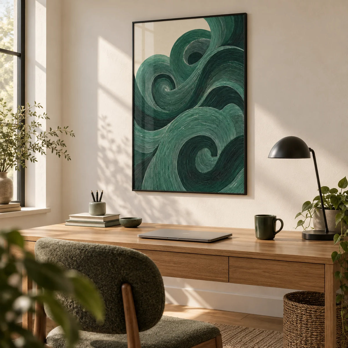 Modern Green Wall Art, framed on the wall of a calm home office with a cream wall