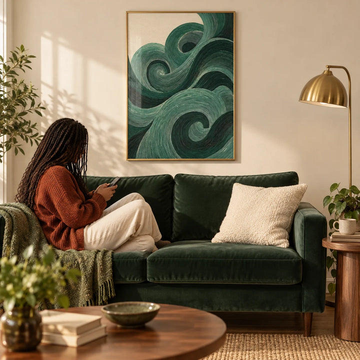 Modern Green Wall Art, framed on the wall of a calm living room with a soft cream wall