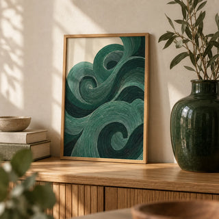 Modern Green Wall Art, a small A4 framed print leaning on an oak shelf in a living room