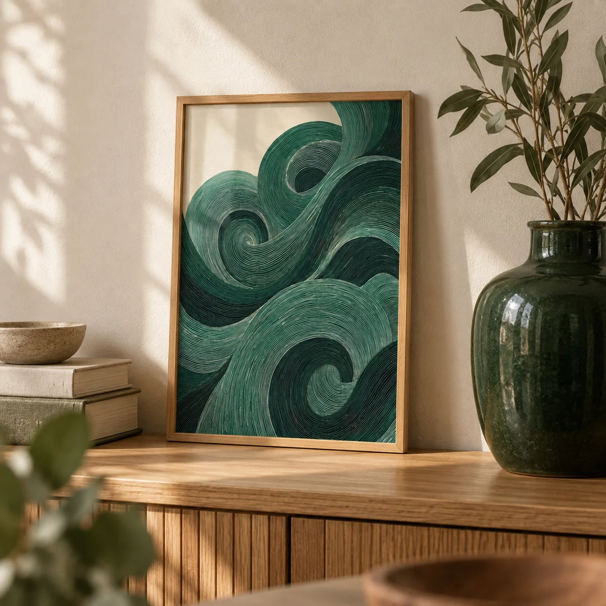 Modern Green Wall Art, a small A4 framed print leaning on an oak shelf in a living room