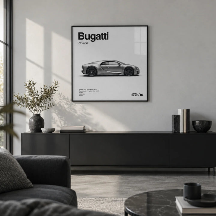 Modern Hypercar Poster, framed on the wall of a sleek city flat living room with a pale grey wall and a polished concrete floor