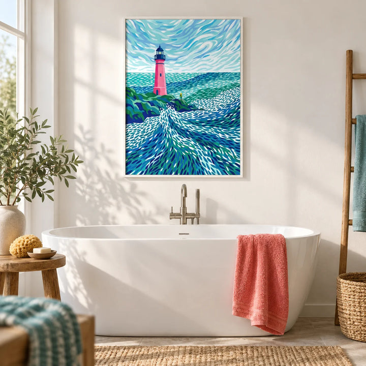 Modern Lighthouse Art, framed on the wall of a coastal bathroom with a white wall