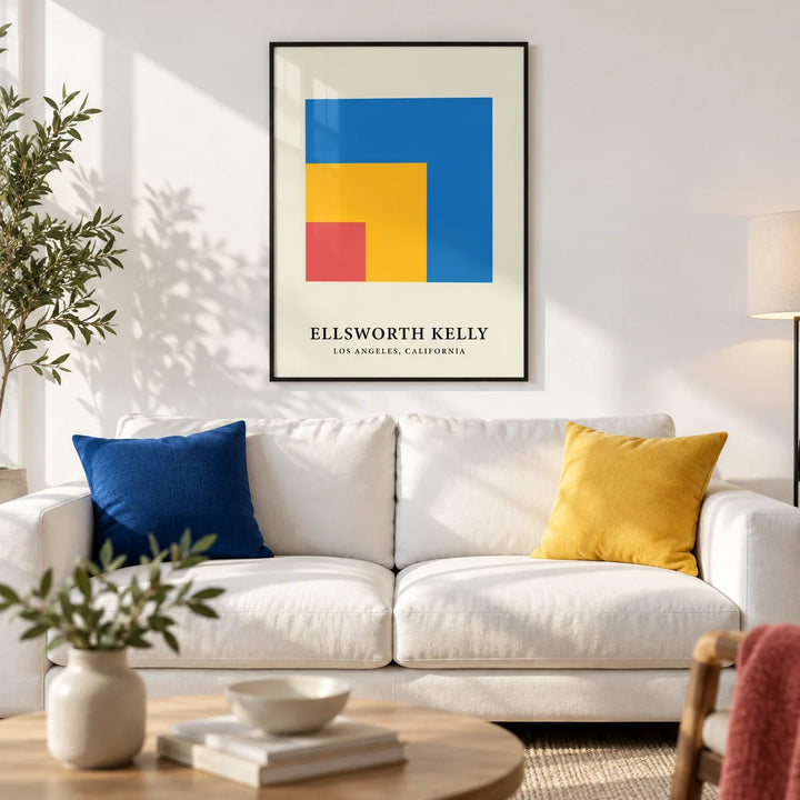 Modern Minimal Wall Art, framed on the wall of a bright modern living room with a crisp white wall
