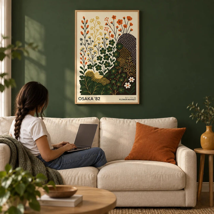 Modern Nature Wall Art Print, framed on the wall of a calm living room with a forest green painted wall