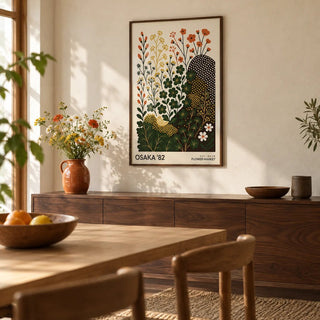 Modern Nature Wall Art Print, framed on the wall of a Japanese-modern dining room with a cream plaster wall