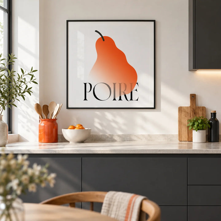 Modern Pear Poster, framed on the wall of a crisp modern kitchen in a UK city flat with white walls