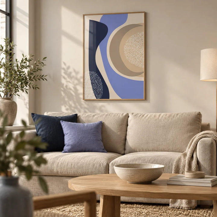 Modern Poster Design, framed on the wall of a calm modern living room