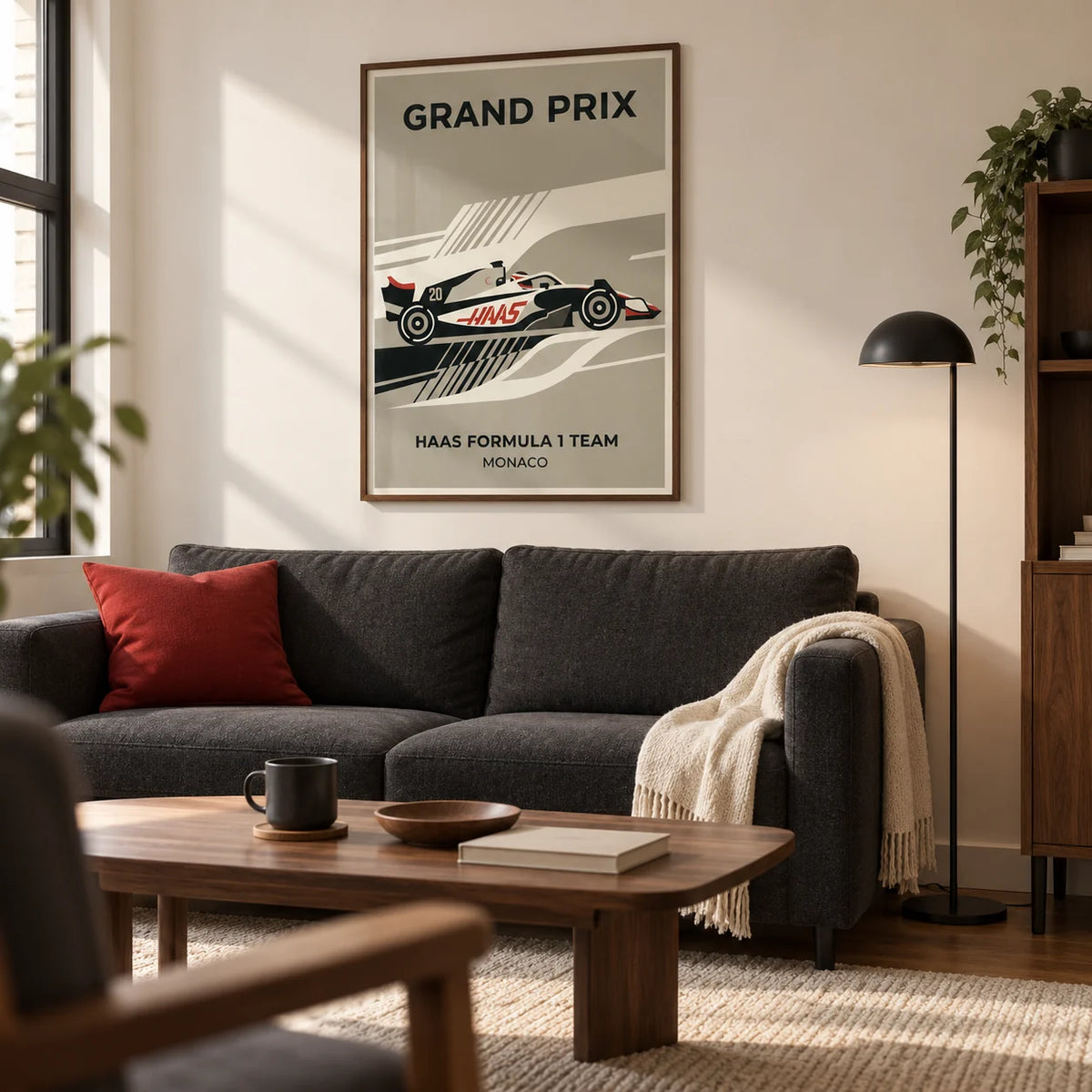 Modern Racing Car Poster, framed on the wall of a design-led living room in a young adult's first UK city flat (22-28) with an ivory wall and walnut furniture