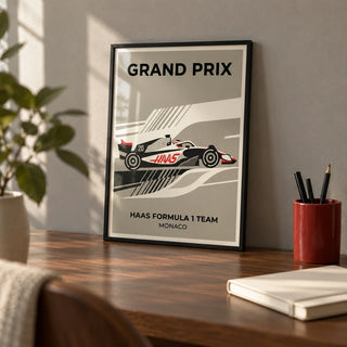 Modern Racing Car Poster, a small A4 framed print leaning on a walnut desk