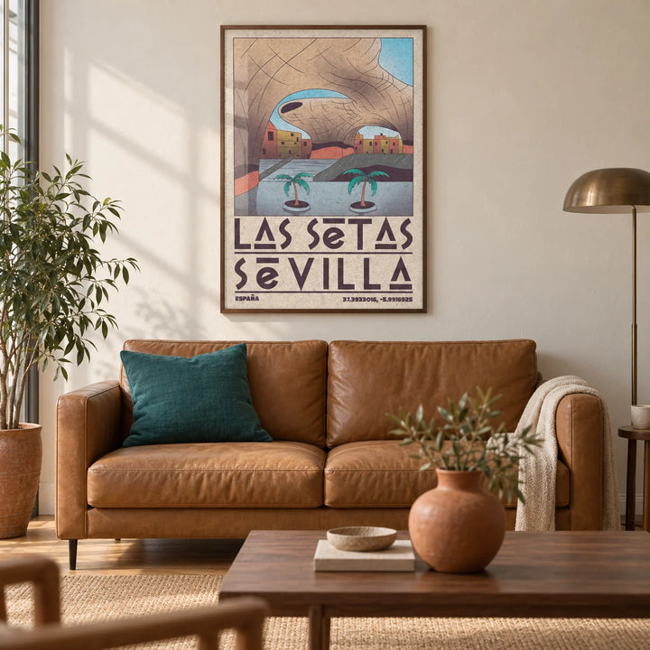 Modern Sevilla Wall Art, framed on the wall of a warm modern living room in a UK city flat with an ivory plaster wall and oak floor