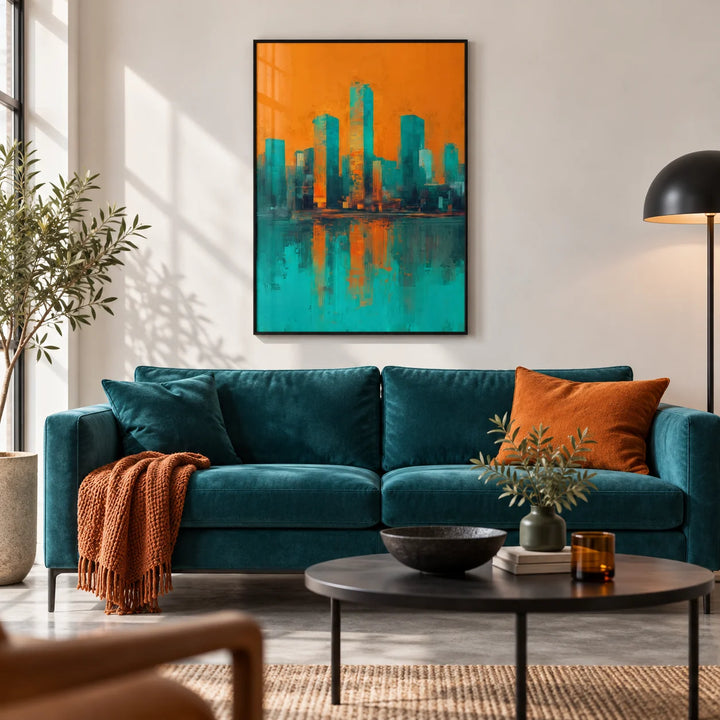 Modern Skyline Poster, framed on the wall of a design-led city-flat living room with a white wall and a concrete floor