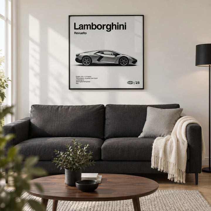 Modern Supercar Art Print, framed on the wall of a modern living room in a UK first flat (22-28) with a chalk white wall and warm oak flooring