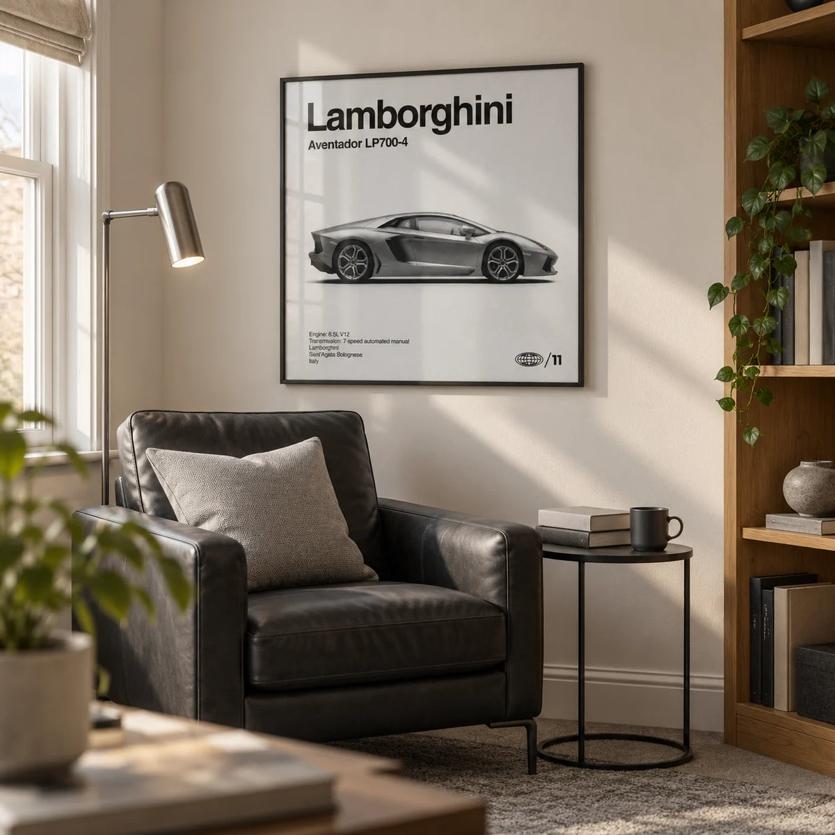 Modern Supercar Wall Art, framed on the wall of a car enthusiast's compact upstairs snug in a UK townhouse in a living room