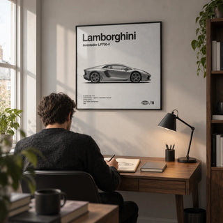 Modern Supercar Wall Art, framed on the wall of a compact home study in a modern UK terrace