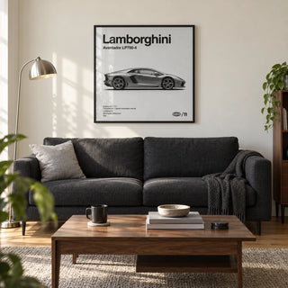 Modern Supercar Wall Art, framed on the wall of a modern living room in a UK first flat for a car enthusiast (22-30)