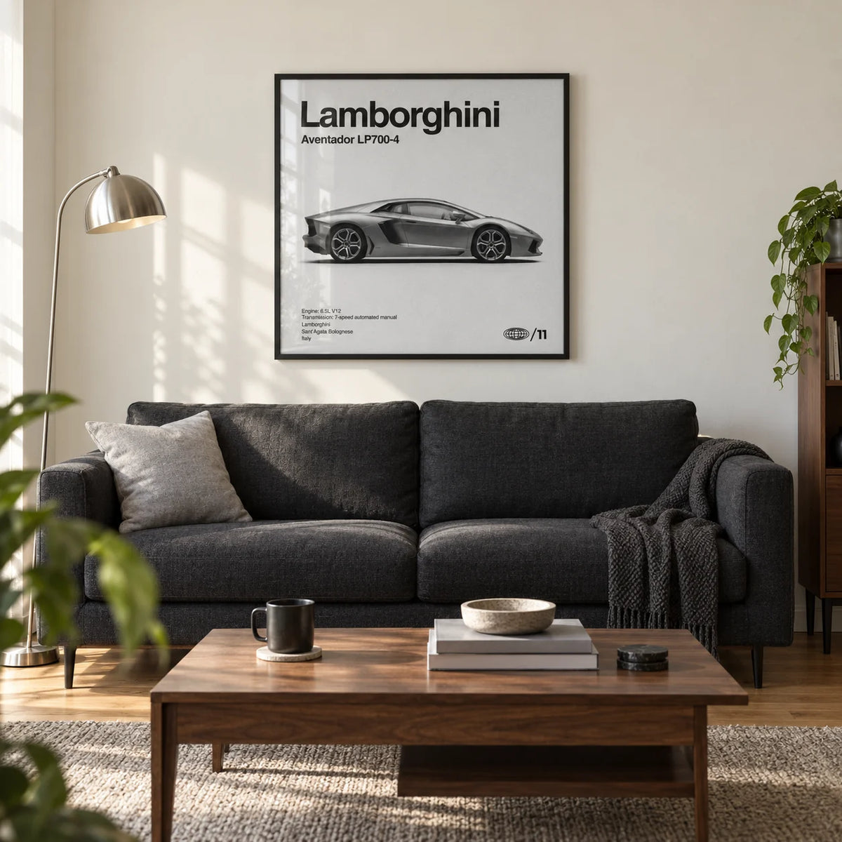 Modern Supercar Wall Art, framed on the wall of a modern living room in a UK first flat for a car enthusiast (22-30)