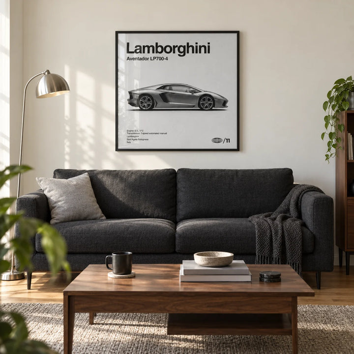 Modern Supercar Wall Art, framed on the wall of a modern living room in a UK first flat for a car enthusiast (22-30)