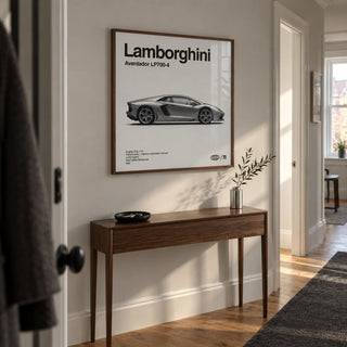 Modern Supercar Wall Art, framed on the wall of a narrow modern hallway in a UK city flat