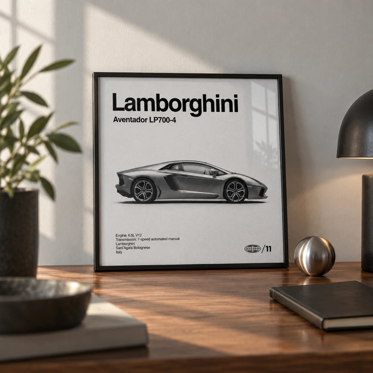 Modern Supercar Wall Art, a small A4 framed print leaning on a walnut desk