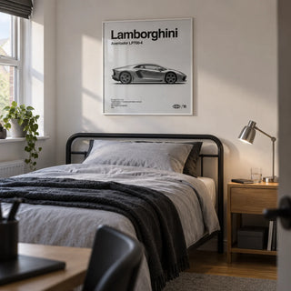 Modern Supercar Wall Art, framed on the wall of a young adult car enthusiast's single bedroom (18-24) in a UK family home