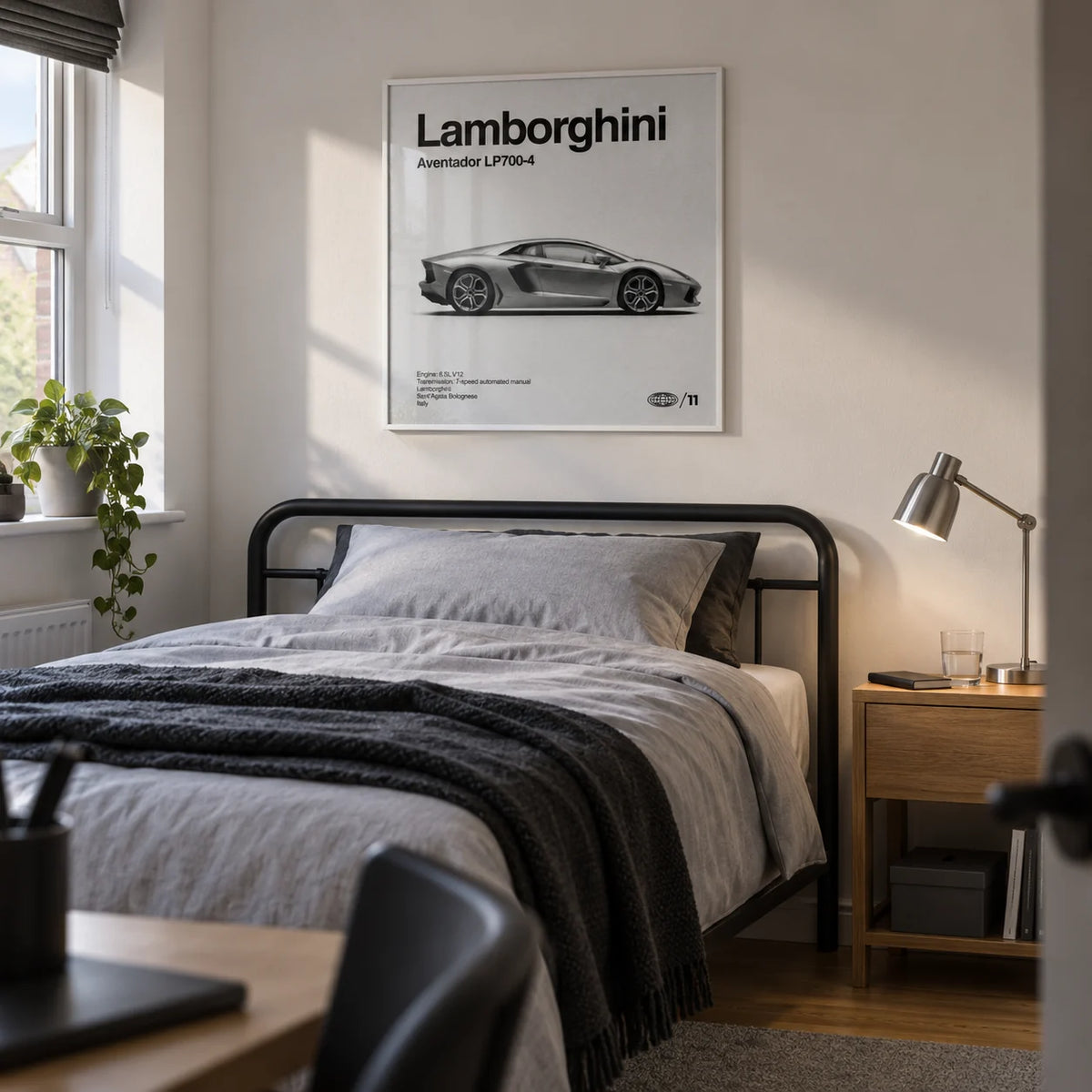 Modern Supercar Wall Art, framed on the wall of a young adult car enthusiast's single bedroom (18-24) in a UK family home