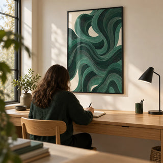 Modern Swirl Poster, framed on the wall of a compact contemporary home study with a cream wall and a wide oak desk