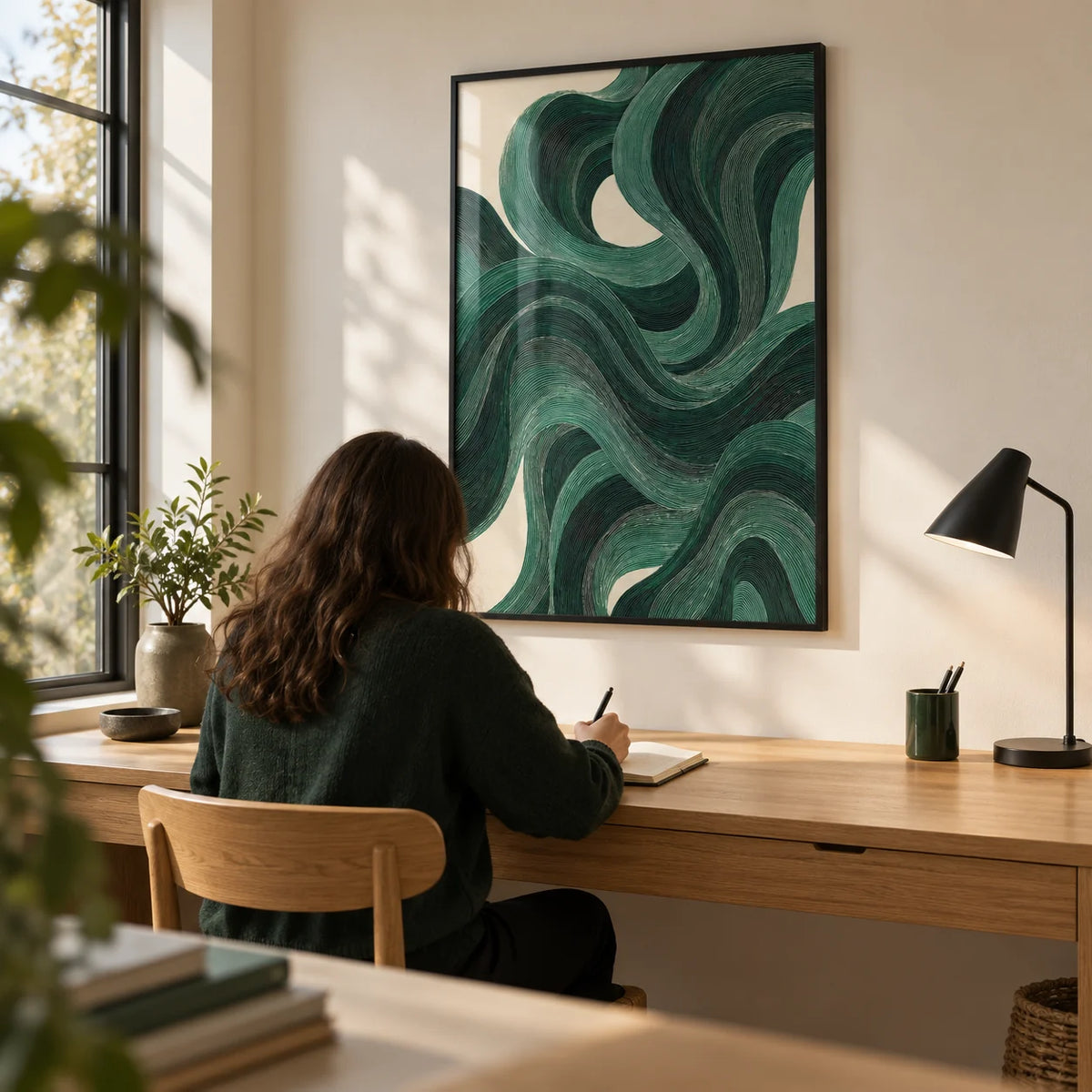 Modern Swirl Poster, framed on the wall of a compact contemporary home study with a cream wall and a wide oak desk