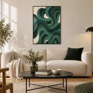 Modern Swirl Poster, framed on the wall of a contemporary living room in a UK city flat with warm white walls and oak floorboards