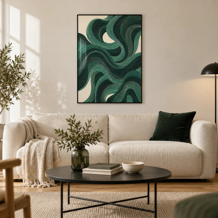 Modern Swirl Poster, framed on the wall of a contemporary living room in a UK city flat with warm white walls and oak floorboards