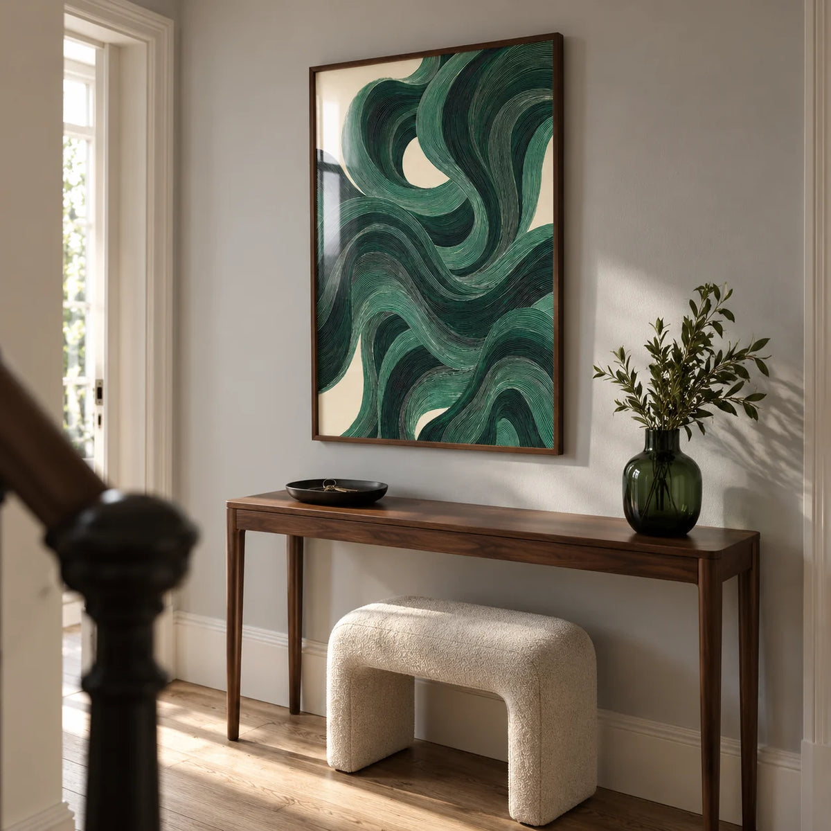Modern Swirl Poster, framed on the wall of a design-led hallway in a renovated UK terrace with a pale grey wall and simple oak floorboards