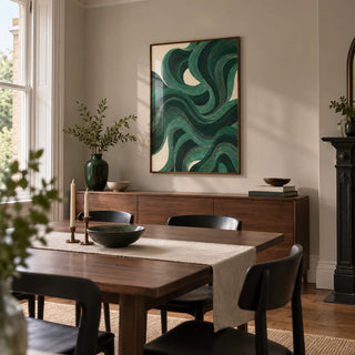 Modern Swirl Poster, framed on the wall of a modern dining room in a Victorian terrace with a pale putty wall and a walnut dining table