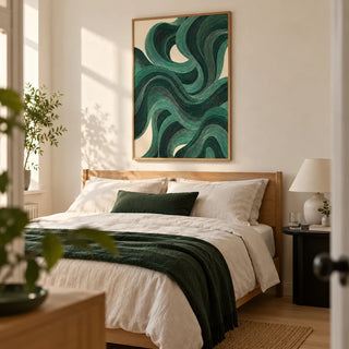 Modern Swirl Poster, framed on the wall of a restful modern bedroom in a UK flat with a warm white wall and pale oak flooring