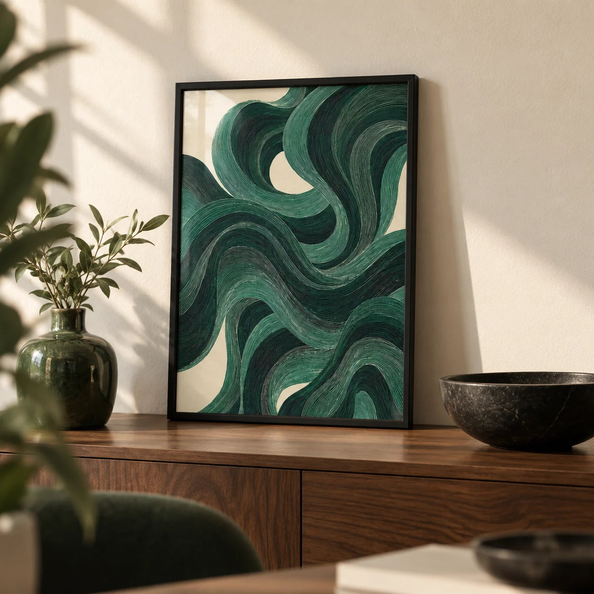 Modern Swirl Poster, a small A4 framed print leaning on a walnut sideboard in a living room