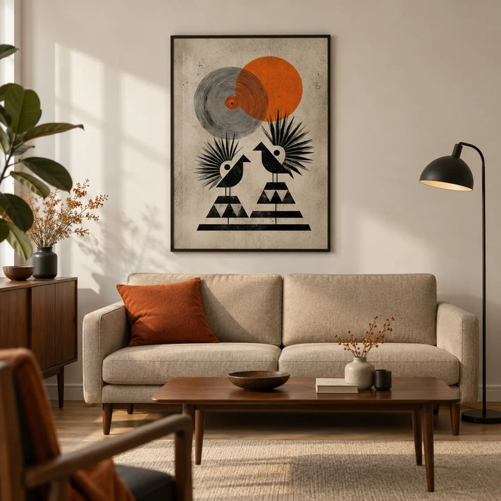 Modern Tribal Poster, framed on the wall of a mid-century living room in a UK flat with warm white walls