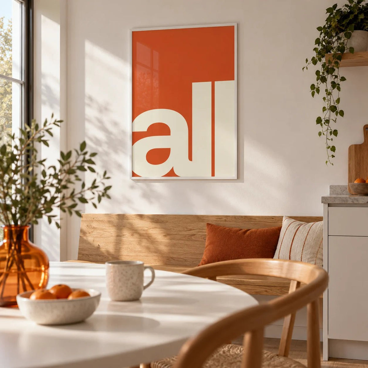 Modern Typography Art, framed on the wall of a crisp modern kitchen-diner
