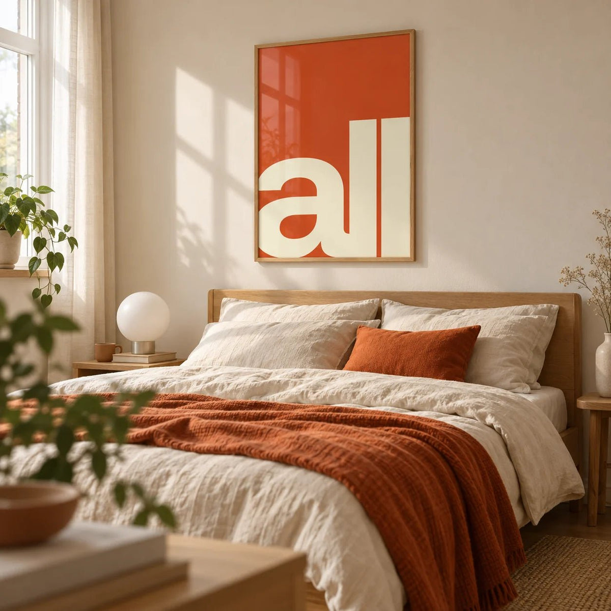 Modern Typography Art, framed on the wall of a first-flat bedroom (22-28)
