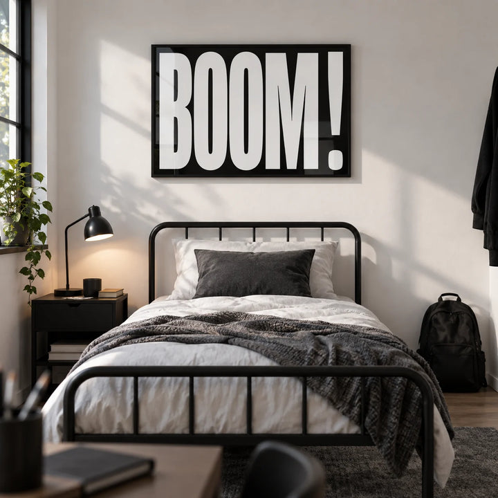Modern Typography Wall Art, framed on the wall of a bold single bedroom for a teenage boy (13-17) with a white wall