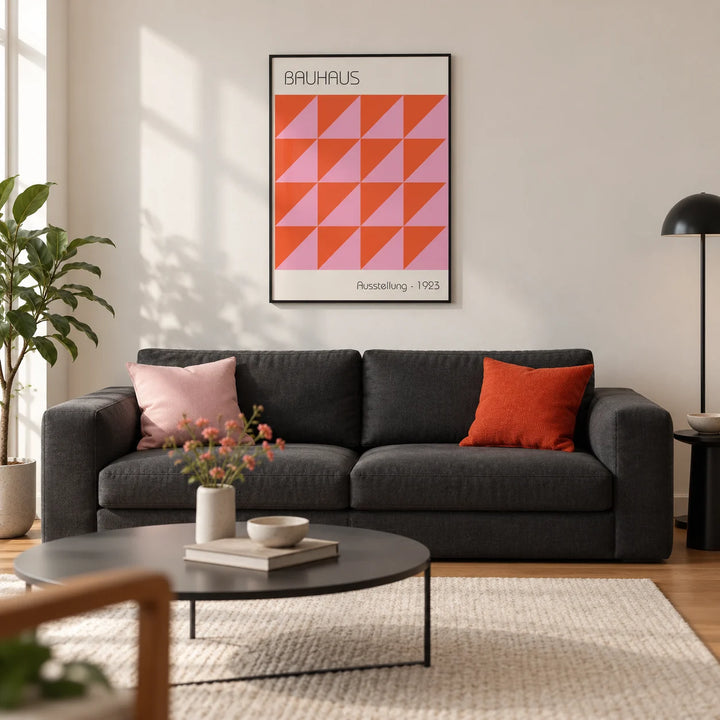 Modern Wall Art, framed on the wall of a modern living room in a UK city flat with an off-white wall