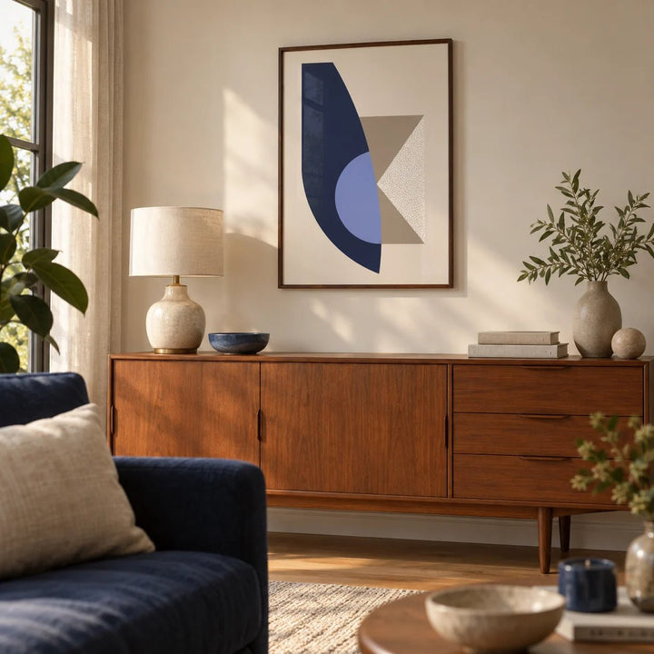 Modern Wall Art Print, framed on the wall of a mid-century modern living room