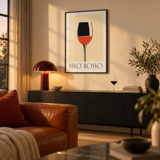 Modern Wine Wall Art, framed on the wall of a warm living room with a cream wall