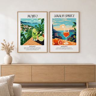 Mojito and Spritz Prints Set of 2 hung at eye level above a light oak sideboard: Matisse Mojito Cocktail and Matisse Amalfi Spritz shown framed side by side (frames not included)