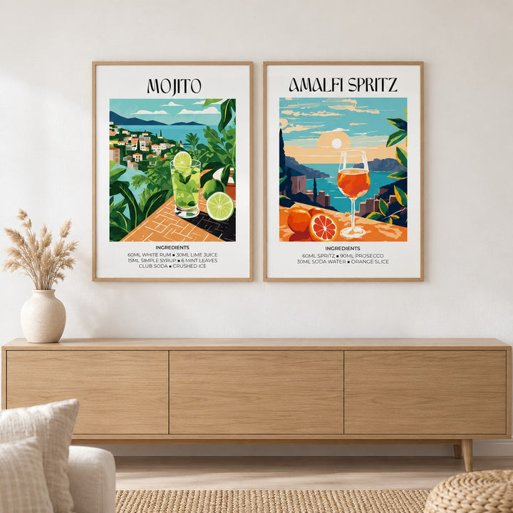 Mojito and Spritz Prints Set of 2 hung at eye level above a light oak sideboard: Matisse Mojito Cocktail and Matisse Amalfi Spritz shown framed side by side (frames not included)