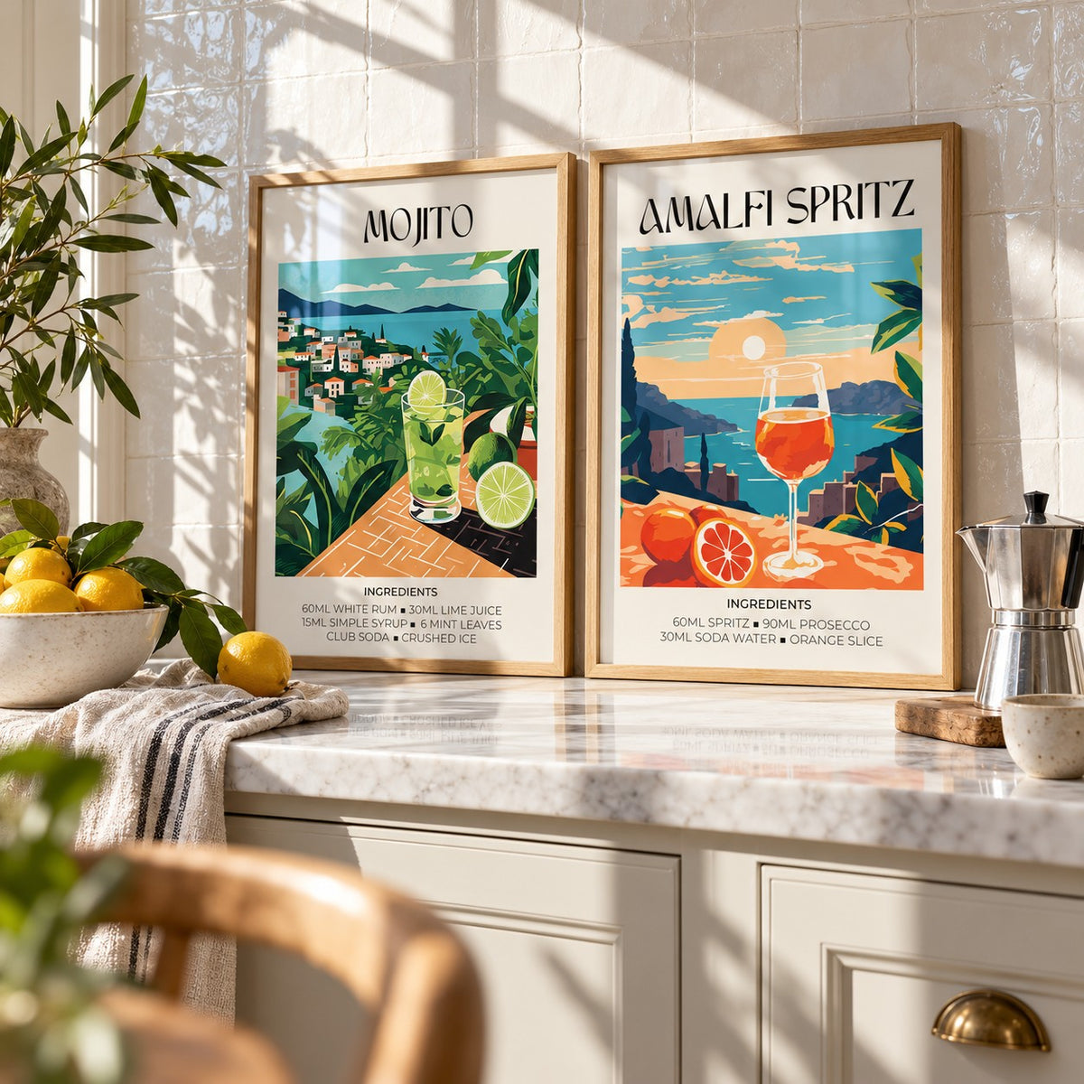 Mojito and Spritz Prints Set of 2 styled on a marble kitchen worktop against white zellige tiles: Mojito and Amalfi Spritz shown framed side by side (frames not included)