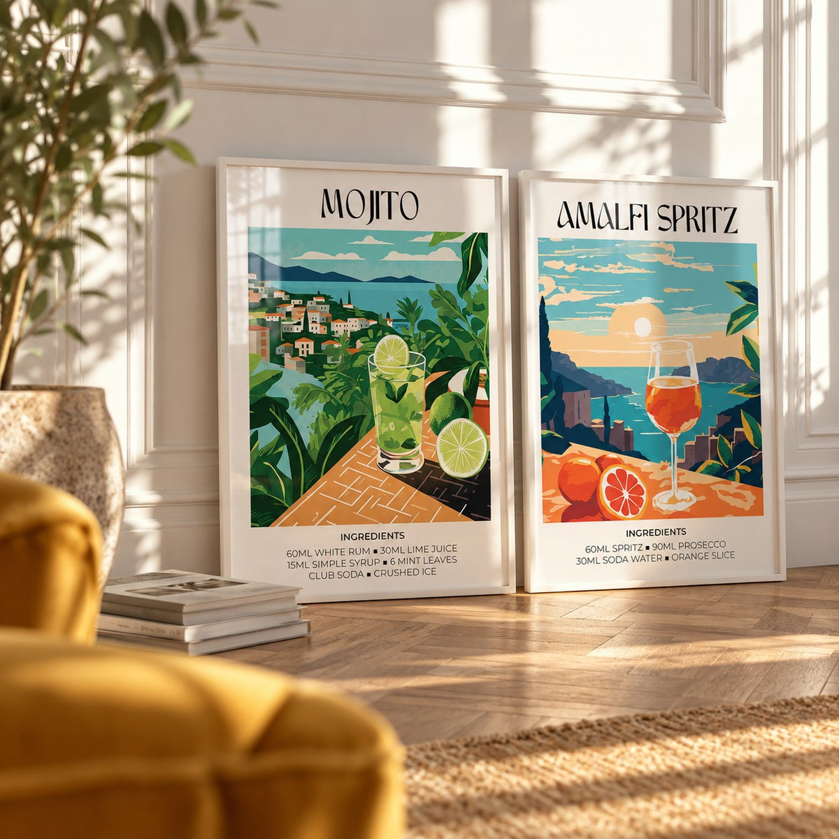 Mojito and Spritz Prints Set of 2 styled against a white panelled wall behind a mustard velvet armchair: Mojito and Amalfi Spritz shown framed side by side (frames not included)