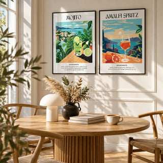 Mojito and Spritz Prints Set of 2 styled above a round fluted oak dining table with a mushroom lamp: Mojito and Amalfi Spritz shown framed side by side (frames not included)