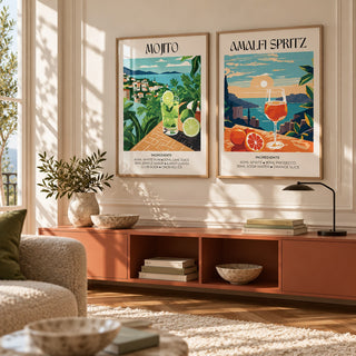 Mojito and Spritz Prints Set of 2 styled above a terracotta credenza in a warm minimal room: Mojito and Amalfi Spritz shown framed side by side (frames not included)